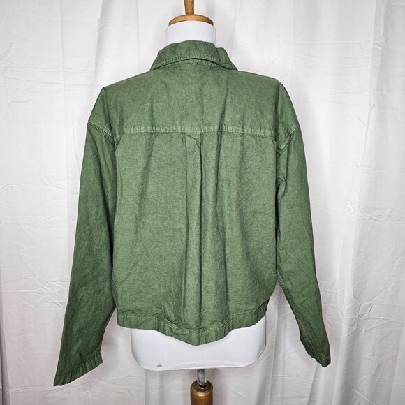 J.Crew Popover Shirt Cotton Linen Blend Green Long Sleeve Buttoned Cropped Sz M - Picture 5 of 12